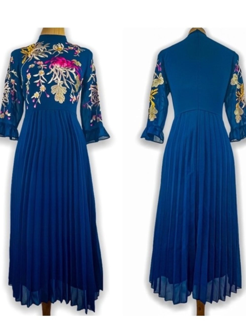 ASOS Size 6 Navy Blue Pleated Midi Dress with Floral Embroidery